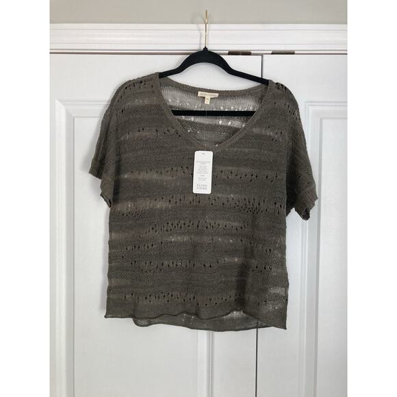Eileen Fisher Tops - Eileen Fisher Womens Small Oregano Green Stitch-Block Linen V Neck Dolman Top
